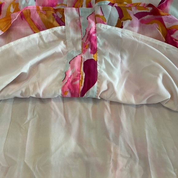 Fashion Pink Orange Abstract Print Button Down Ruffle Hem Mini Shirt Dress M NEW - Picture 9 of 12